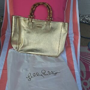 Lilly Pulitzer Shimmering Gold Tote with Bamboo Handles